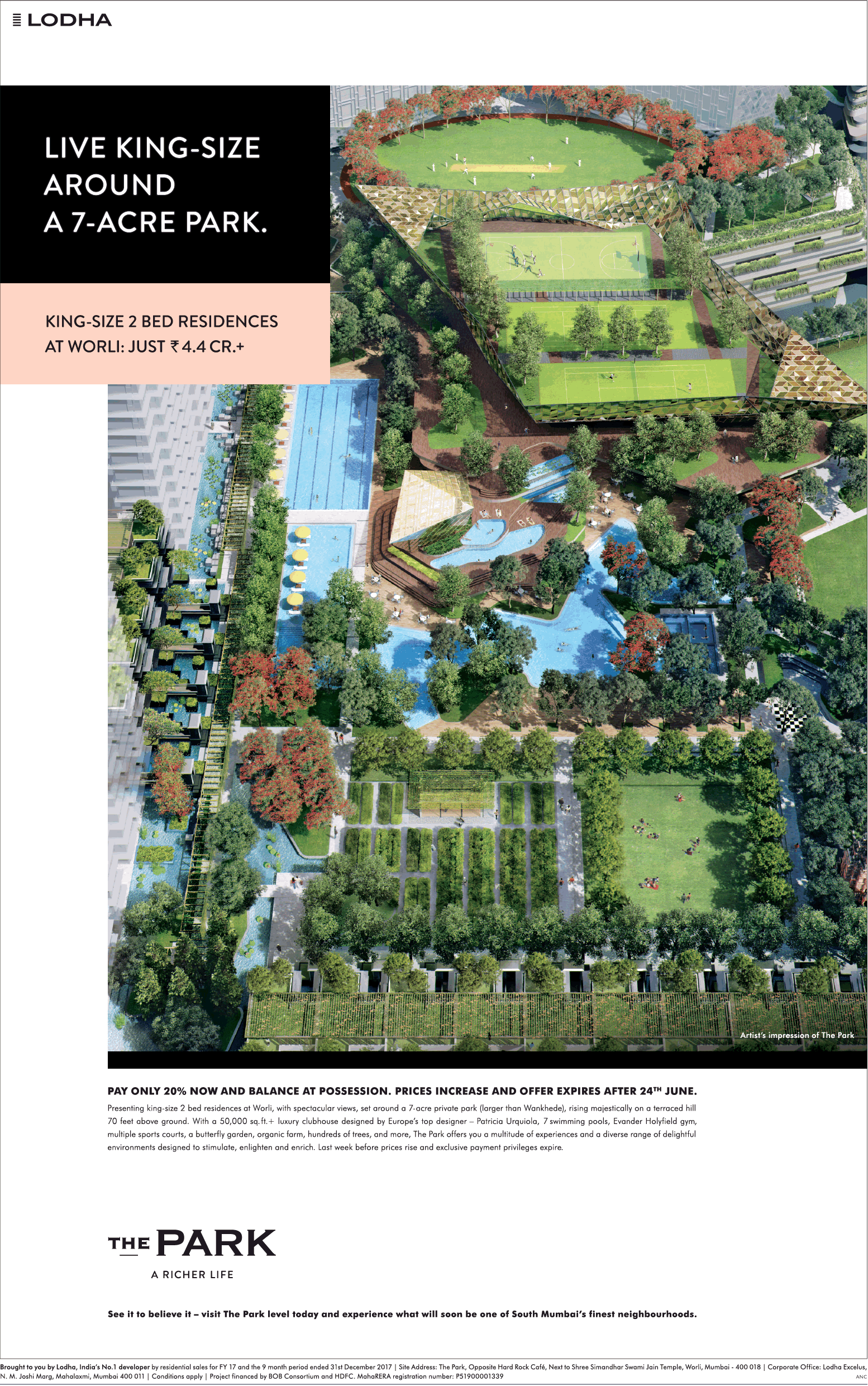 Pay only 20% now & balance at possession at Lodha The Park in Mumbai Update